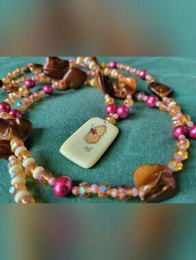 Artisan Handmade Necklace W/ Pearls, Crystal, Opal, & Handpainted Butterfly